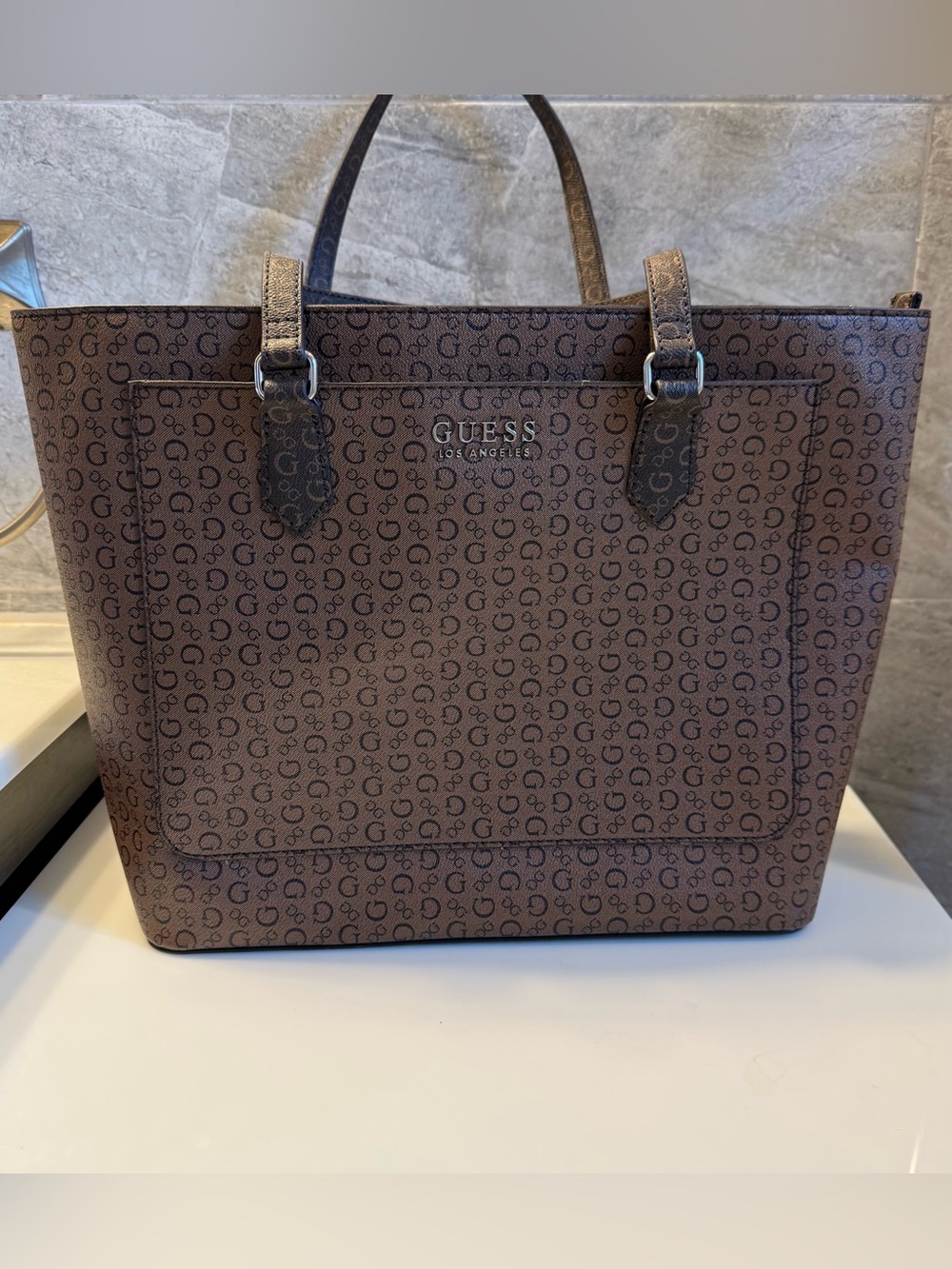 GUESS Brown Monogram Tote with Cream Interior